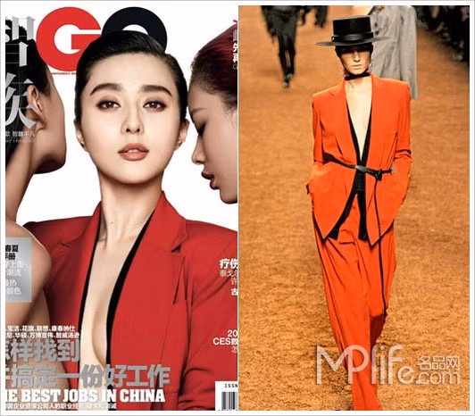 Trên tạp chí "GQ" tháng 3 , Phạm Băng Băng diện trang phục cá tính của Hermes màu đỏ rực rỡ với phần xẻ táo bạo khoe vòng 1 căng đầy