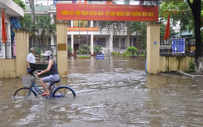 UBND phường Mai Dịch (Cầu Giấy, Hà Nội) cũng chìm trong biển nước khiến mọi công việc của cơ quan này đều bị giám đoạn và gặp nhiều khó khăn trong việc đi lại.