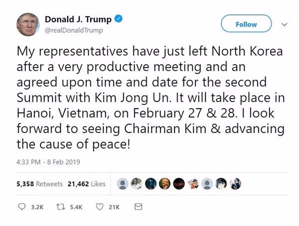 Nội dung dòng tweet của Tổng thống Donald Trump ngày 08/2/2019. Nội dung dòng tweet của Tổng thống Donald Trump ngày 08/2/2019.