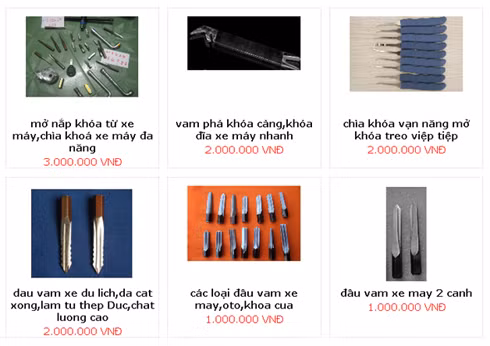Bộ dụng cụ siêu phá khóa và van phá khóa giới thiệu tại một website tiếng Việt. Ảnh chụp từ màn hình