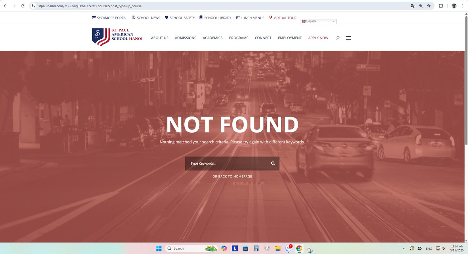 Tìm kiếm theo từ khóa "công khai" trên website nhà trường không cho ra kết quả phù hợp. Ảnh chụp màn hình.