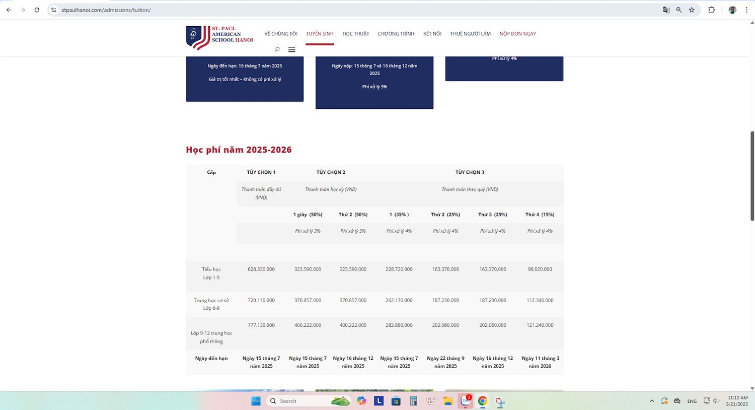Ảnh chụp màn hình học phí năm học 2025-2026.